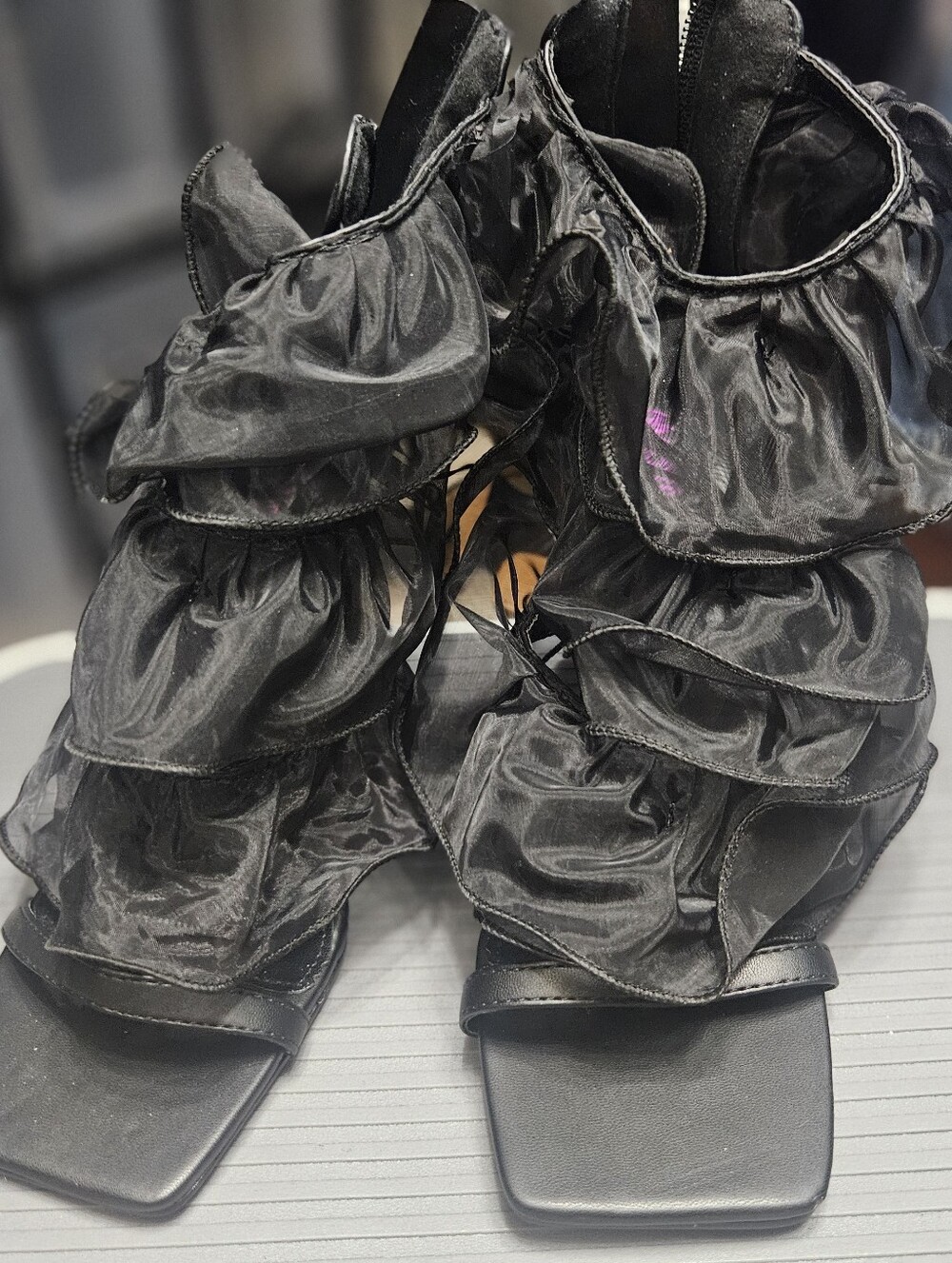 Women's Black Ruffled Open-Toe Heels
